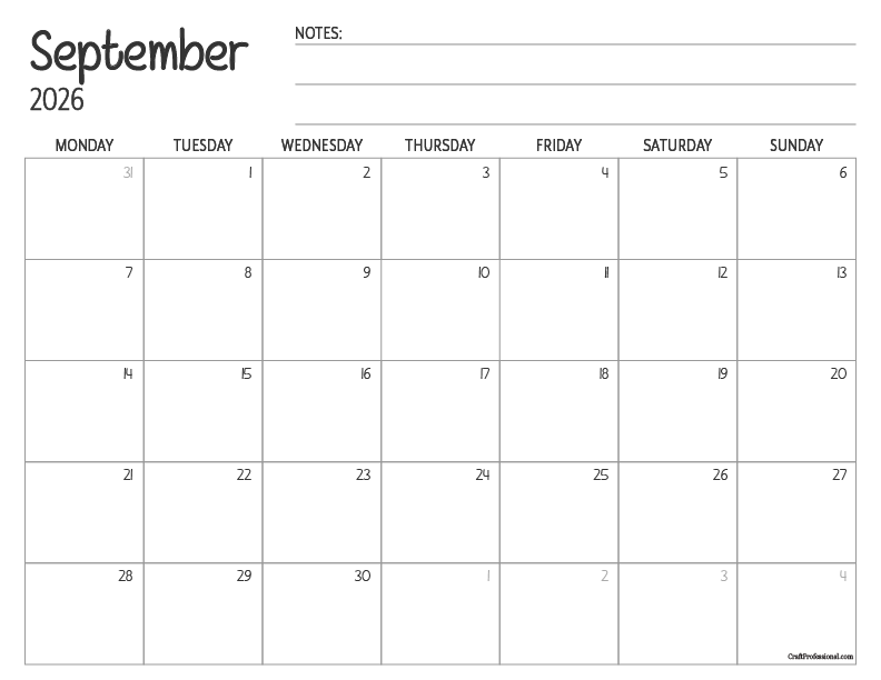 Printable September calendar with simple, minimalist design and space for notes. Printable September calendar with simple, minimalist design and space for notes.