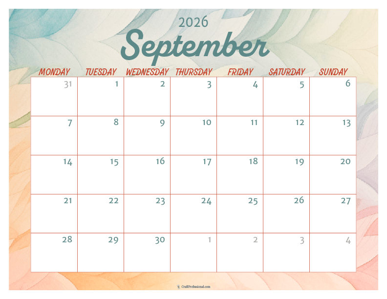 Printable September 2026 calendar with watercolor design.