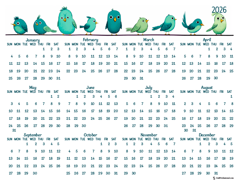Printable yearly calendar for 2026, cute birds design.