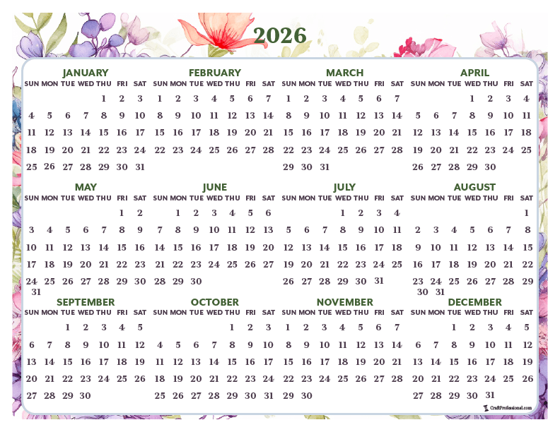Printable yearly calendar for 2026, detailed purple floral design.