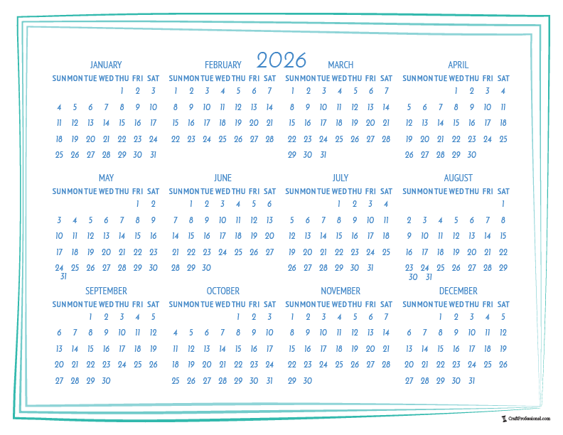Printable yearly calendar for 2026, simple frame design.