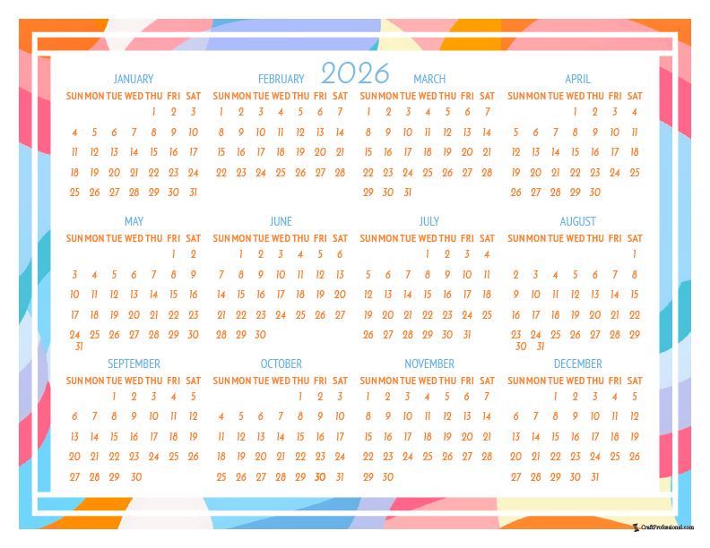 Printable yearly calendar for 2026, geometric frame design.