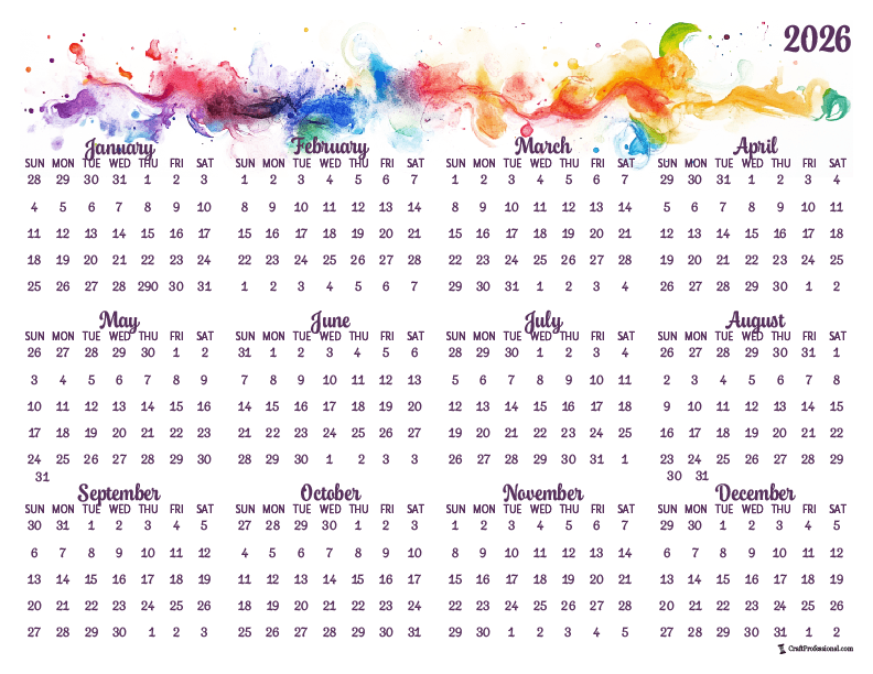Printable yearly calendar for 2026, abstract rainbow colored, watercolor design.