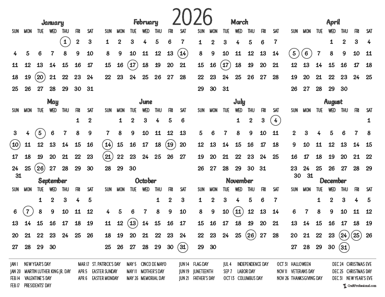 Printable yearly calendar for 2026, simple design with holidays.