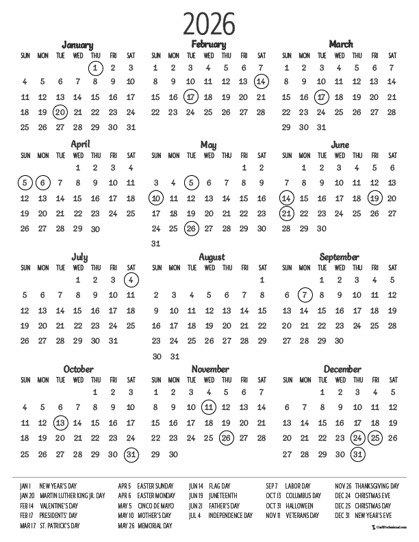 Printable yearly calendar for 2026, simple design, vertical with US holidays.