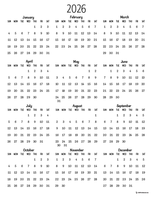 Printable yearly calendar for 2026, simple design, vertical.
