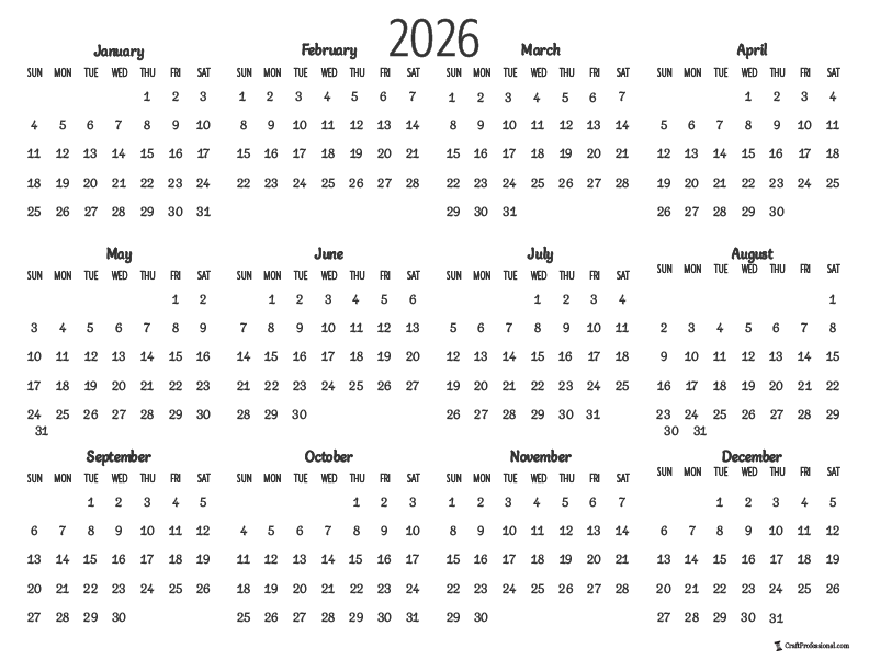 Printable yearly calendar for 2026, simple design.