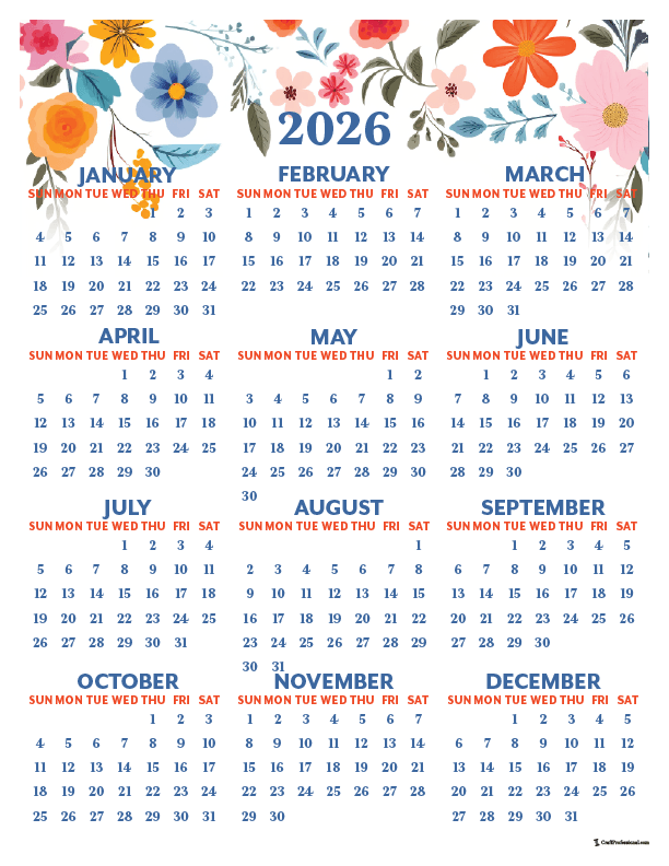 Printable yearly calendar for 2026, vertical floral folk art design.