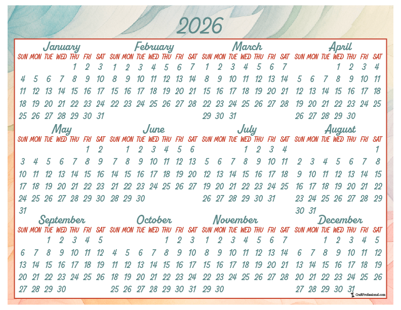 Printable yearly calendar for 2026, watercolor design.