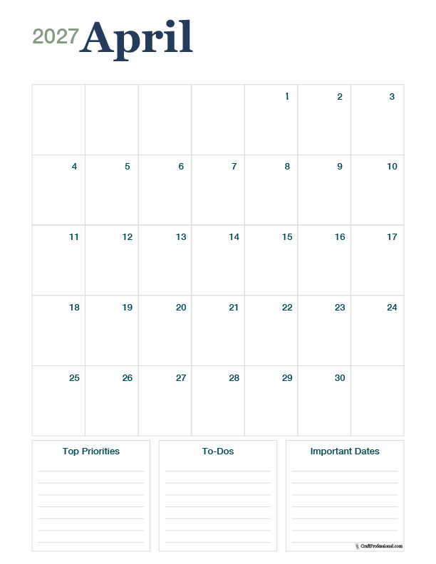 April 2027 printable calendar, vertical orientation to fit a binder or clipboard.