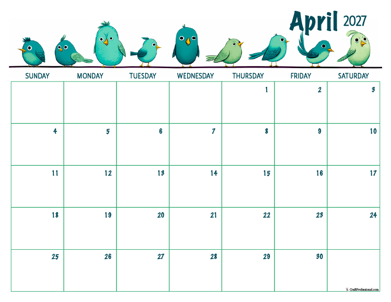 April 2027 printable calendar with cute cartoon birds design.