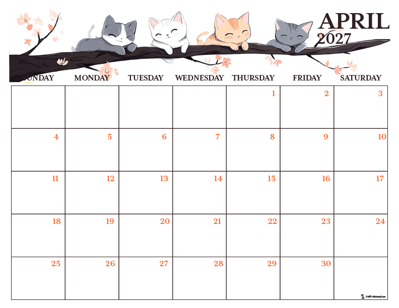 April 2027 printable calendar with cats on a spring tree branch.