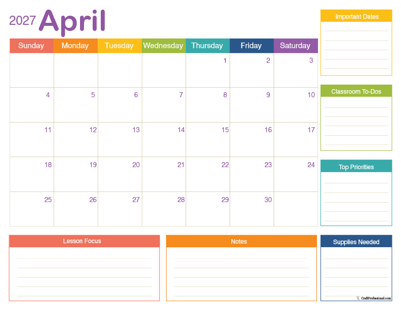 April 2027 printable calendar for classroom teachers.