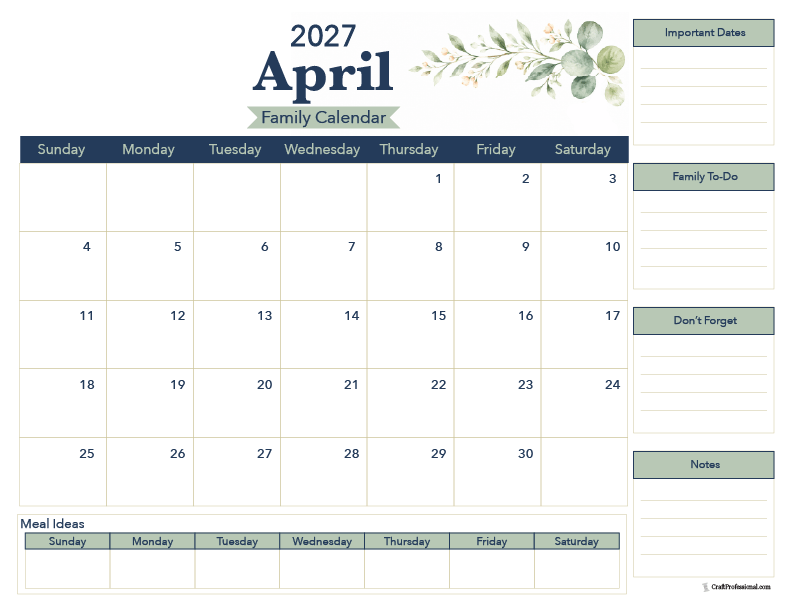 April 2027 printable calendar for families.