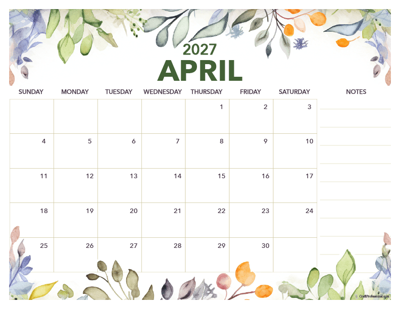 April 2027 floral calendar with vertical space for notes.