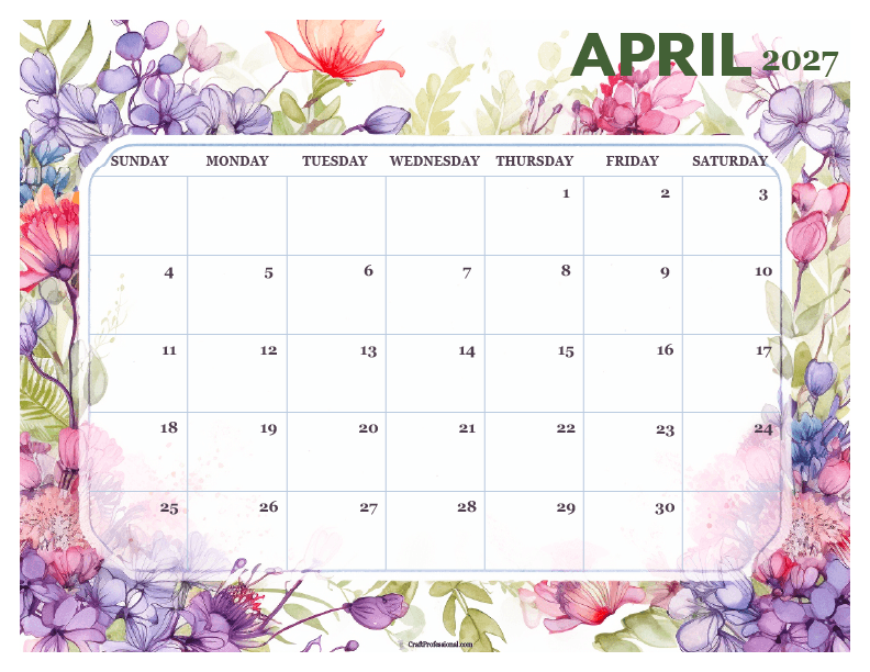 April 2027 calendar with lush, purple, floral design.