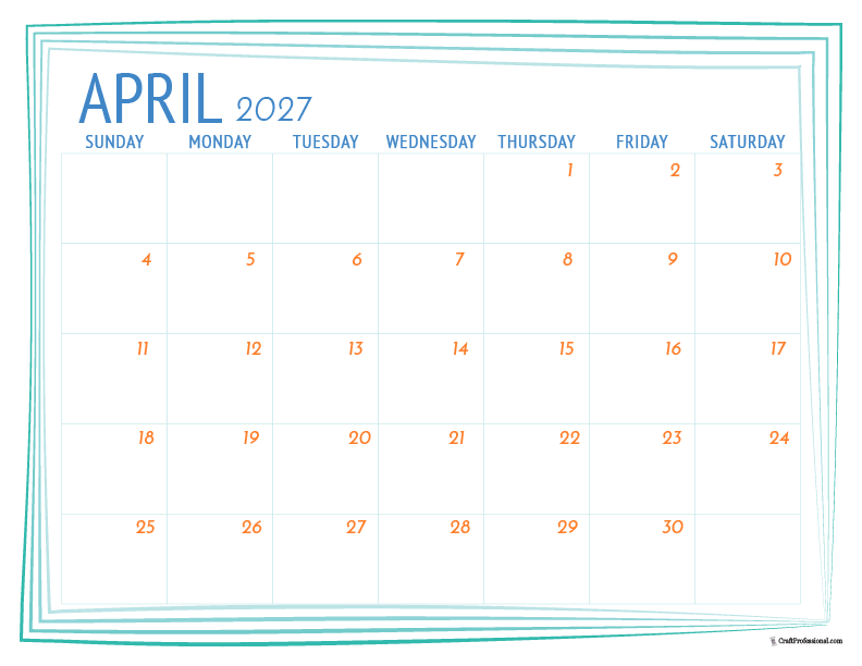 April 2027 calendar with simple blue frame outline.
