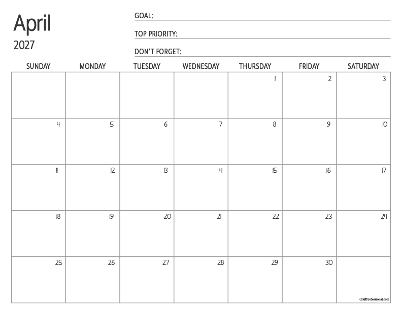 April 2027 printable calendar with space for goal planning notes.