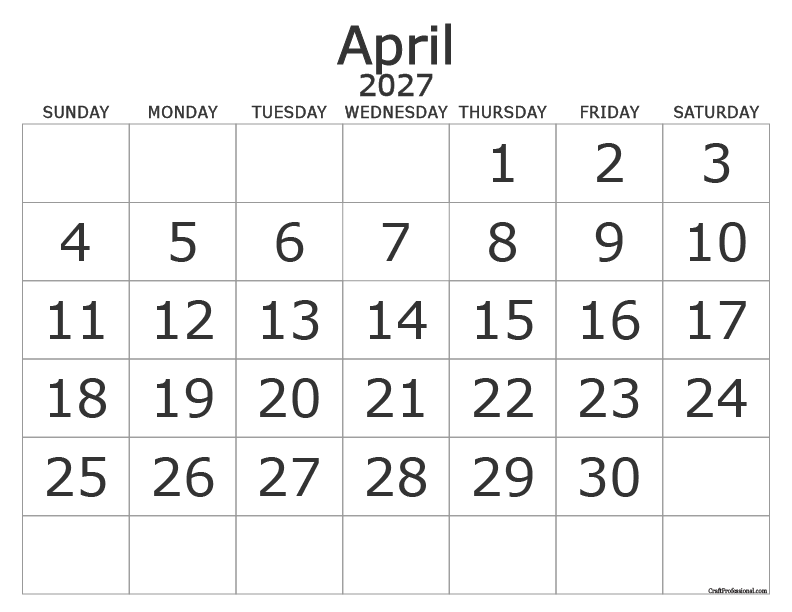 Printable April 2027 calendar with large print text.
