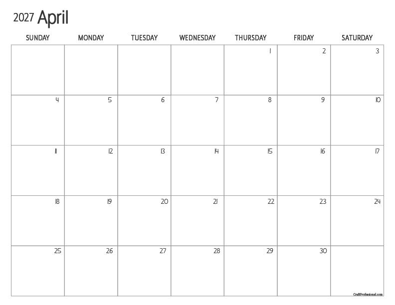 April 2027 calendar. Maximum writing space.