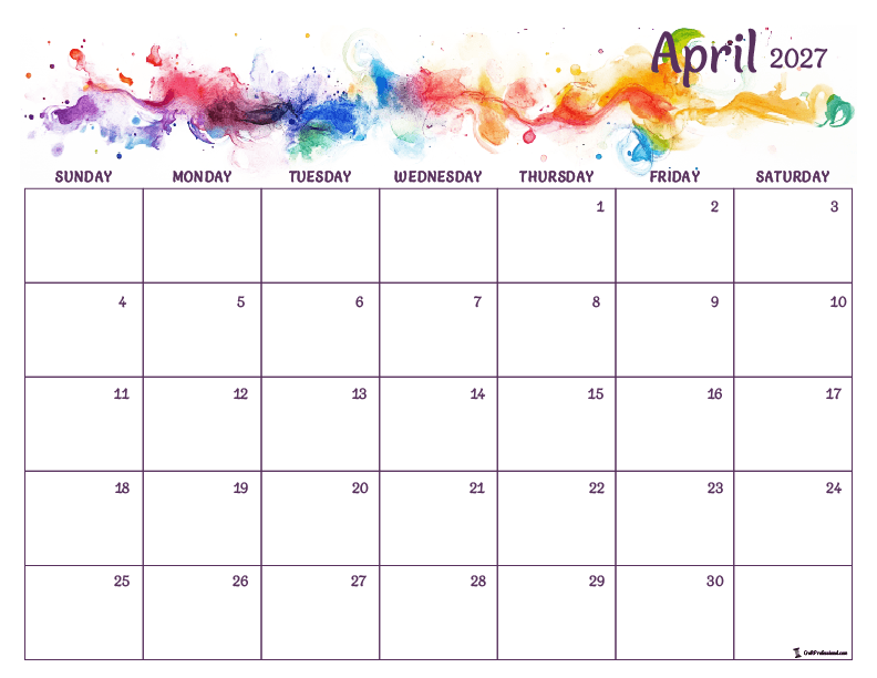 April 2027 watercolor rainbow design calendar.