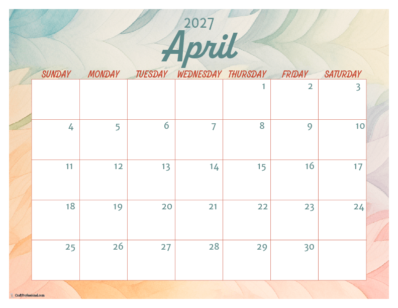 April 2027 calendar with abstract design.