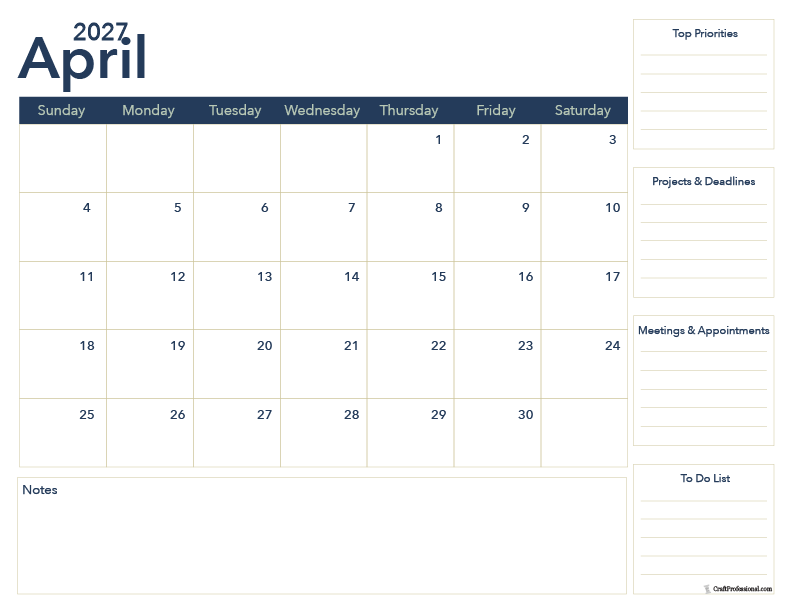 April 2027 printable calendar for work.