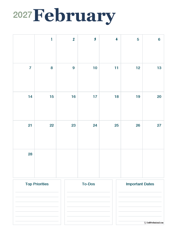 2027 February calendar, portrait orientation. 2027 February calendar, portrait orientation.