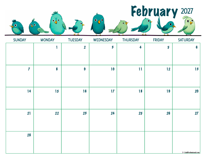 2027 February printable calendar with cartoon birds design. 2027 February printable calendar with cartoon birds design.