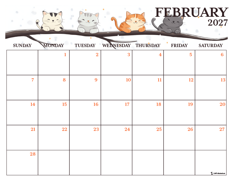 February 2027 printable calendar with winter cats design. February 2027 printable calendar with winter cats design.
