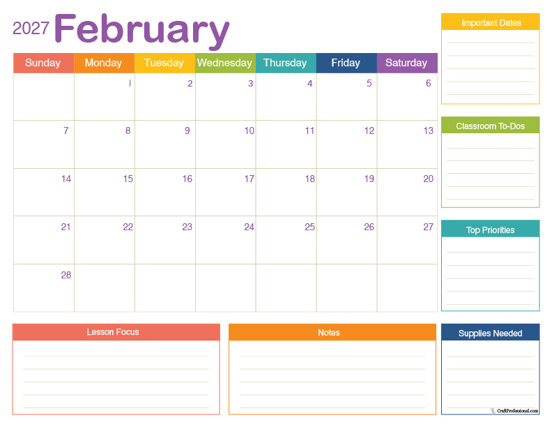 2027 February printable calendar for teachers and classrooms. 2027 February printable calendar for teachers and classrooms.