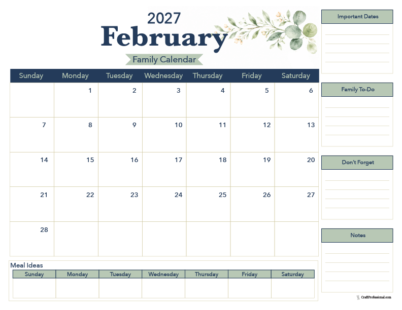 2027 February printable calendar for families. 2027 February printable calendar for families.