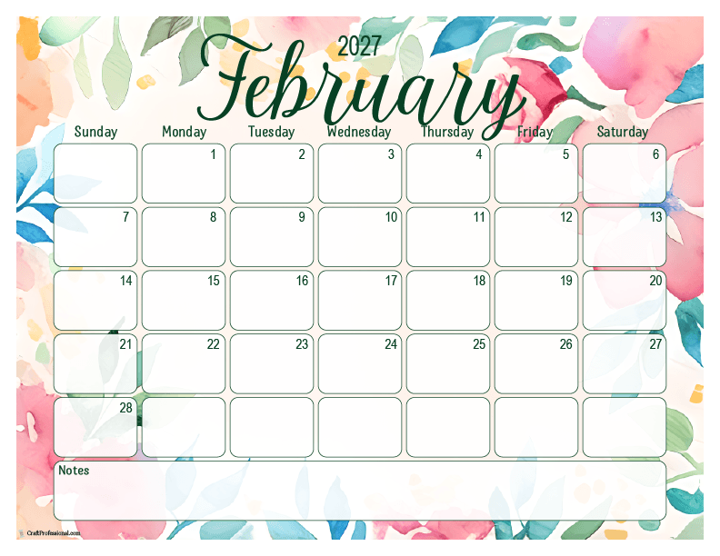 February 2027 floral calendar with notes February 2027 floral calendar with notes