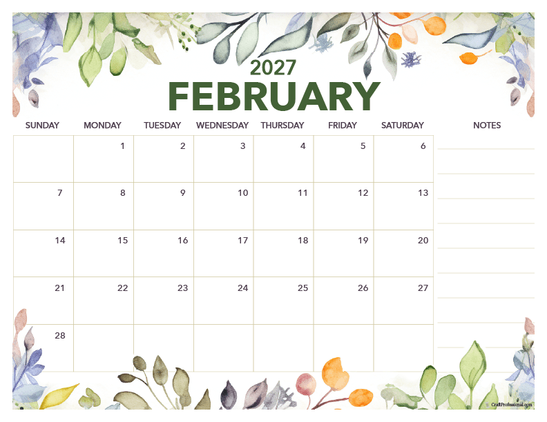 February 2027 printable floral calendar with space for notes. February 2027 printable floral calendar with space for notes.