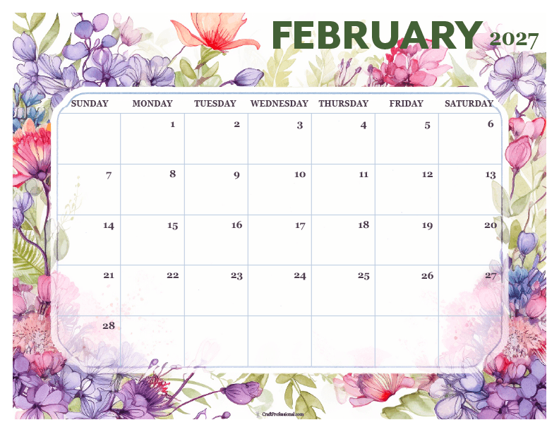 February 2027, lush floral design calendar. February 2027, lush floral design calendar.