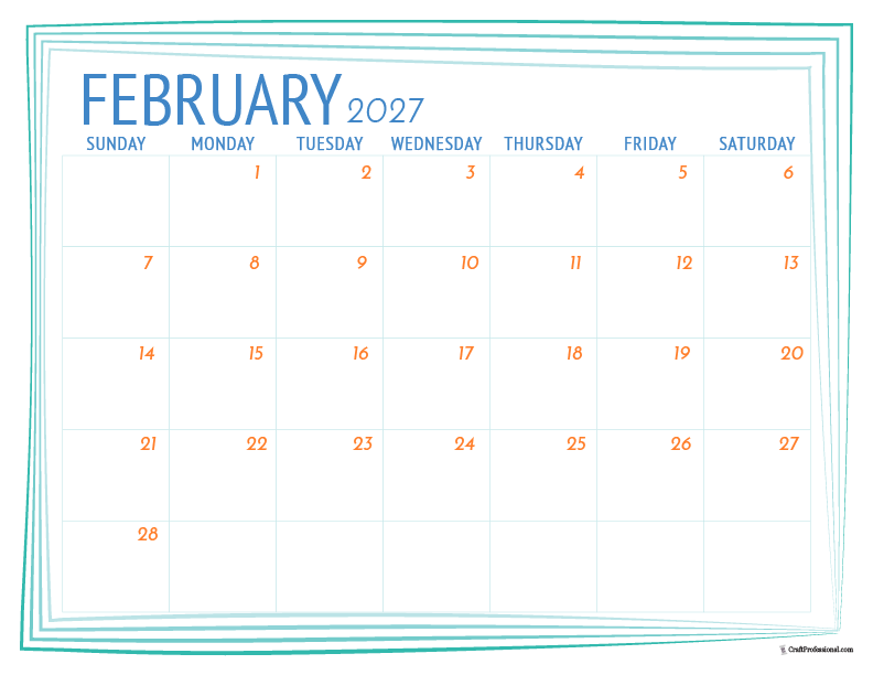 2027 printable February calendar with simple blue frame design. 2027 printable February calendar with simple blue frame design.