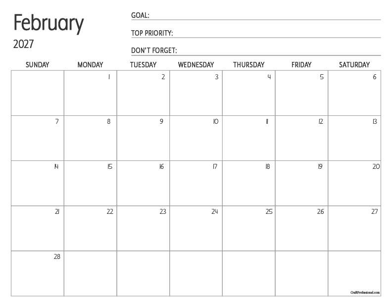 February 2027 printable calendar with lines for goal setting. February 2027 printable calendar with lines for goal setting.