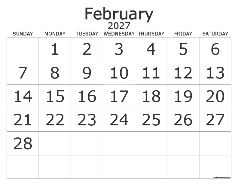 February 2027 large print calendar. February 2027 large print calendar.
