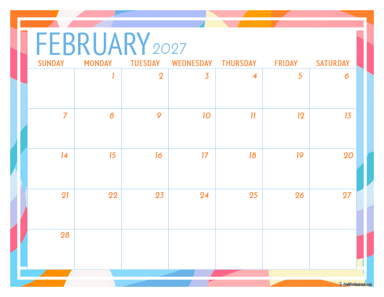 February 2027 printable calendar with geometric outline design. February 2027 printable calendar with geometric outline design.
