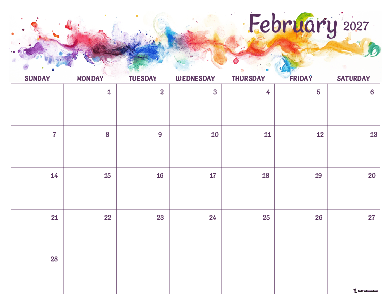 February 2027 printable calendar with rainbow watercolor design. February 2027 printable calendar with rainbow watercolor design.