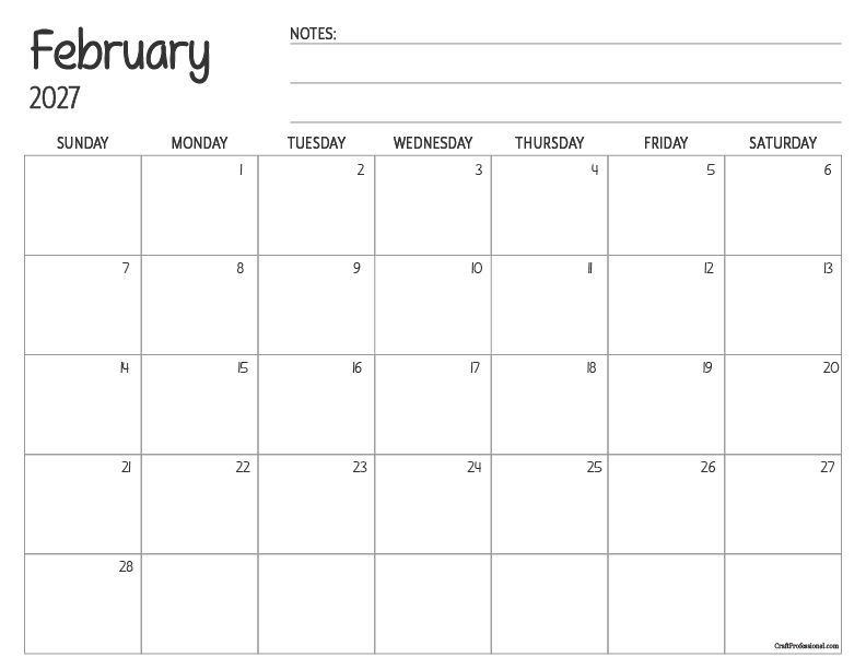 Simple February 2027 calendar with space for writing notes. Simple February 2027 calendar with space for writing notes.