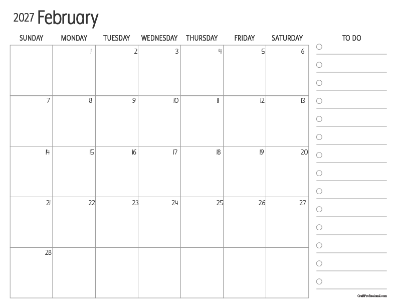 February 2027 printable calendar with to-do list. February 2027 printable calendar with to-do list.