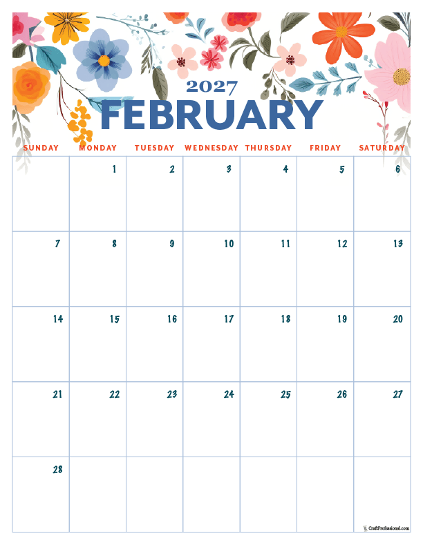 February 2027 vertical folk art style calendar. February 2027 vertical folk art style calendar.