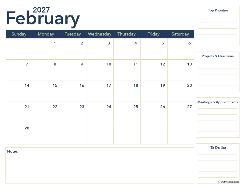2027 February printable office calendar. 2027 February printable office calendar.