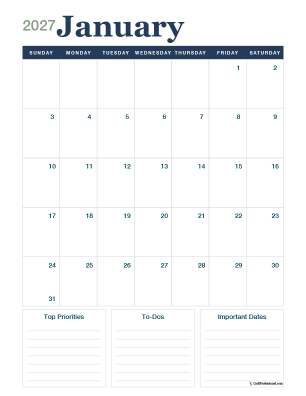 Portrait January 2027 printable calendar designed for a desk, binder, or planner.