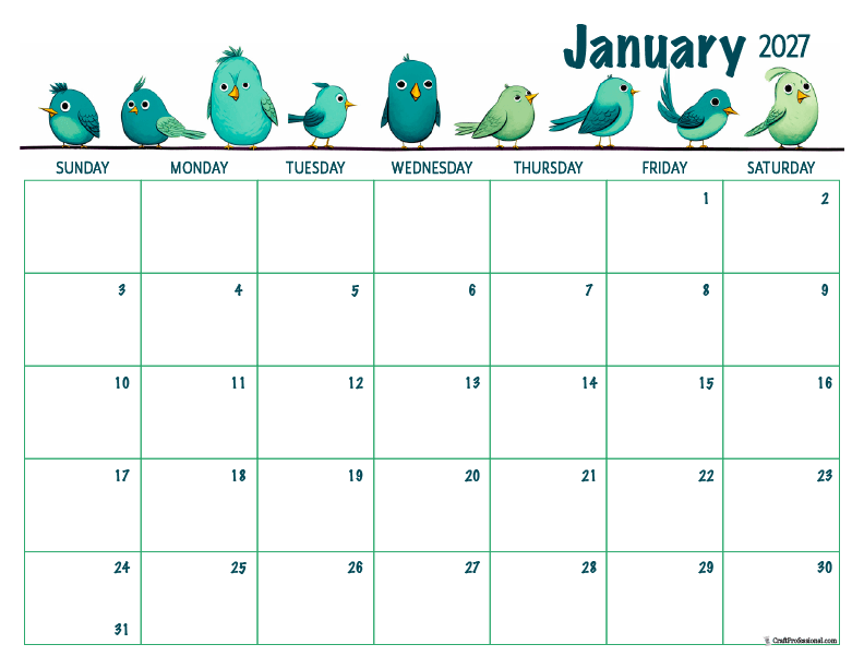 January 2027 printable calendar with colorful cartoon bird illustrations.