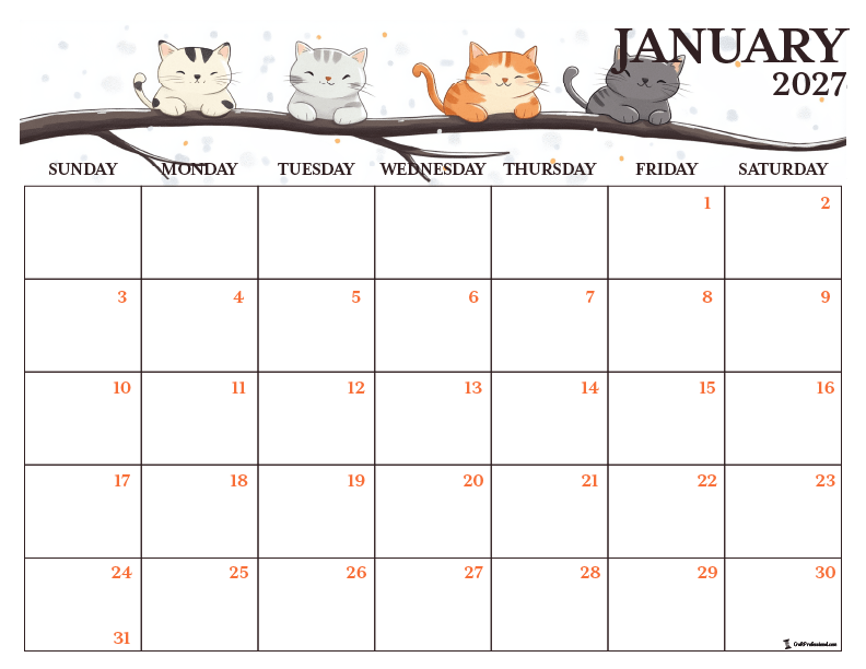 January 2027 printable calendar with cute cartoon cat illustrations.