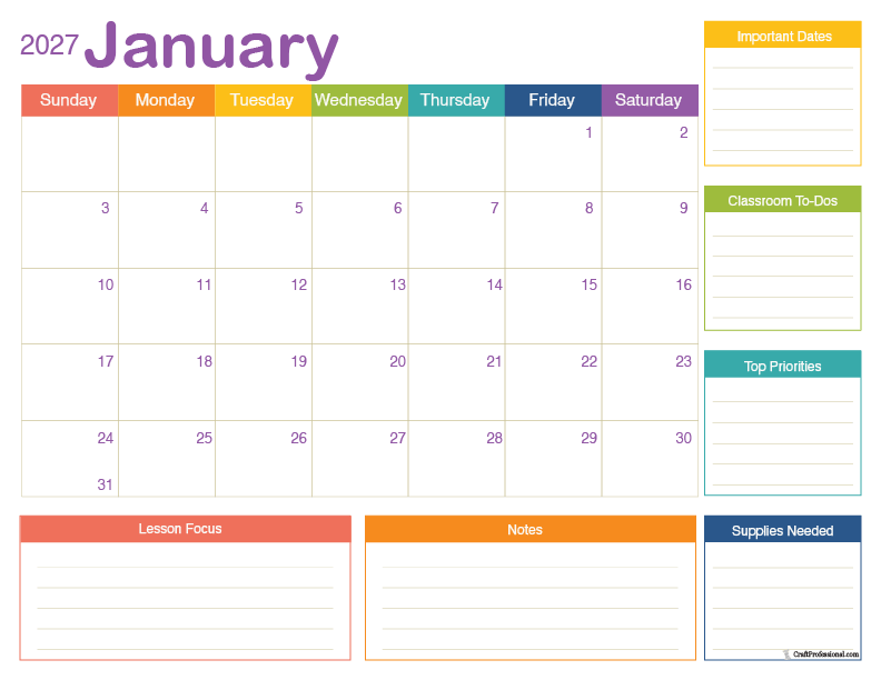 January 2027 teacher printable calendar for classroom events, lessons, and school planning