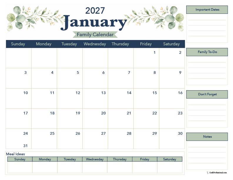January 2027 family printable calendar for schedules, appointments, and household planning