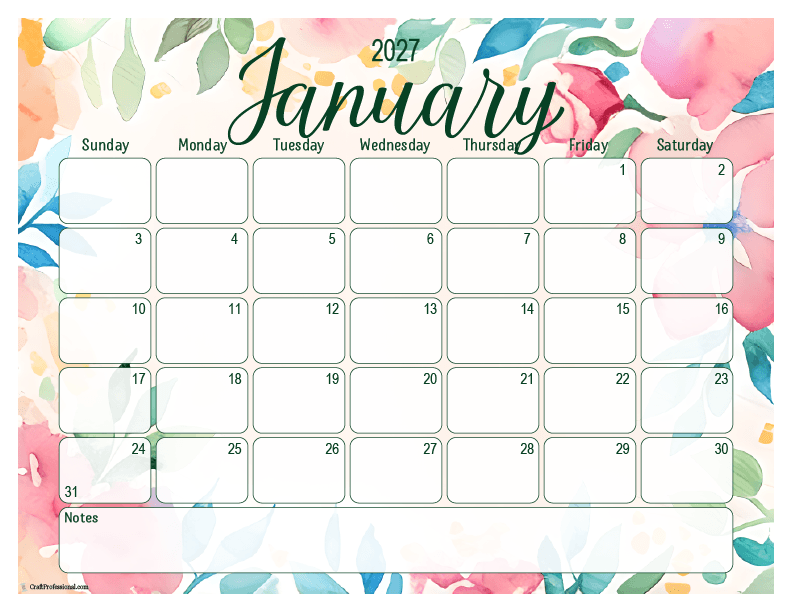 January 2027 printable floral calendar with notes section.